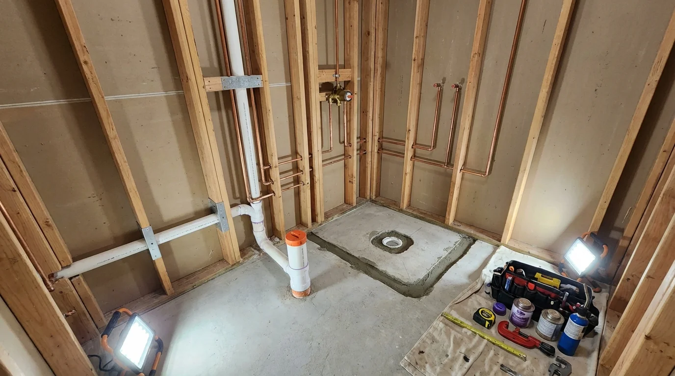 Bathroom rough-in plumbing during remodel by Johns Plumbing LLC in Bell Gardens