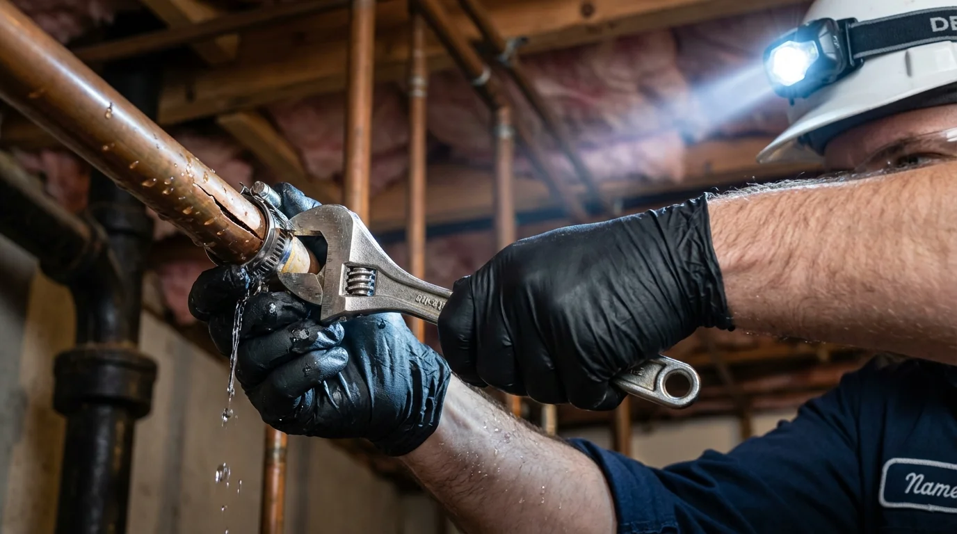 Emergency pipe clamp repair being performed by a Johns Plumbing LLC plumber in Bell Gardens