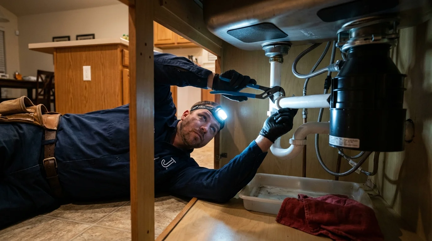 P-trap and supply line connections under a kitchen sink showing a common leak point in Bell Gardens, CA